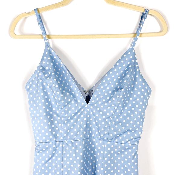 SOLD-More to Come Mayra Ruffle Dress Blue Polka Dot V-Neck Sleeveless Mini Sz XS - Picture 7 of 12